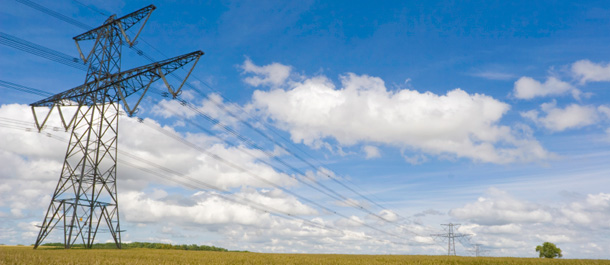 Power lines cut across a wheat field on a sunny day. (iStockphoto)