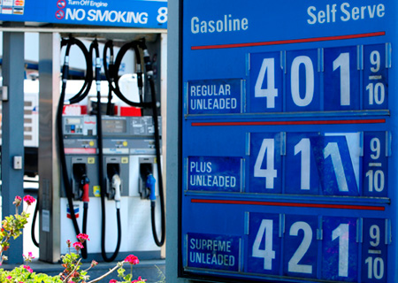 The price board of a Chevron gas station is shown in San Francisco yesterday. Rising gasoline prices this week have tightened the squeeze on drivers. (AP/Jeff Chiu)