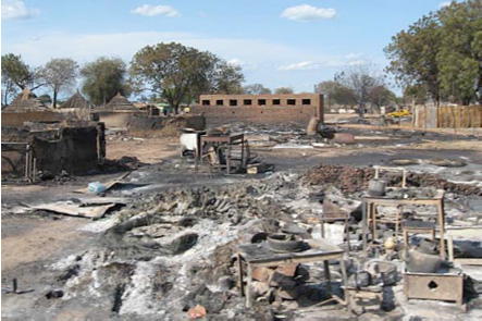 Buildings burned to the ground in Abeyi, where Sudanese Armed Forces have displaced the entire civilian population and destroyed the market and housing. (ENOUGH)