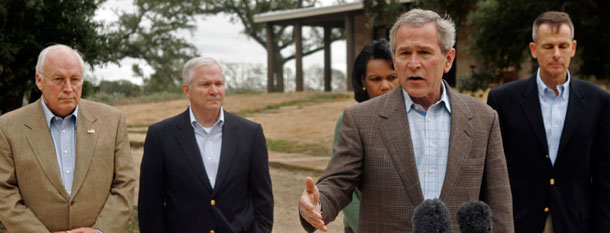 President Bush stands with members of his national security team at his Crawford, TX ranch, including Vide President Dick Cheney, Defense Secretary Robert Gates, Secretary of State Condoleezza Rice, and Chairman of the Joint Chiefs of Staff Gen. Peter Pace. (AP/Evan Vucci)
