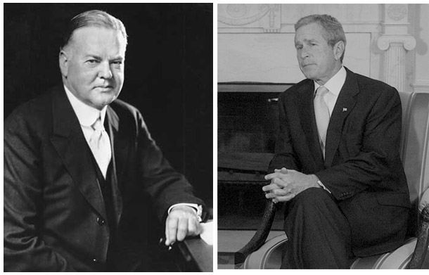 An examination of President Bush and Herbert Hoover, the president who helped steer the economy into the Great Depression, shows interesting similarities. (National Archives (Left), AP (Right))
