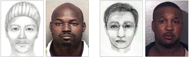 Police sketches that prompted DNA sweeps by police in Charlottesville, VA and Baton Rouge, LA next to photos of the actual assailants. The composite sketches did not merit such police action. (Charlottesville Police Department and Lafayette Parish Sherriff’s Office and FBI)