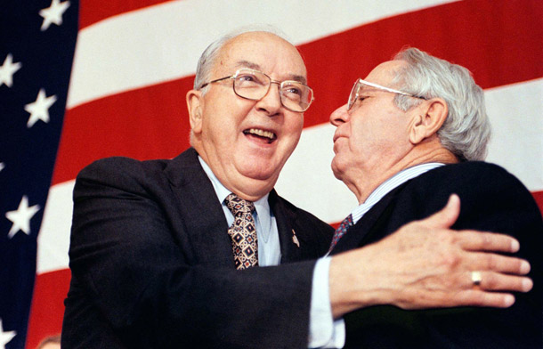 Senator Jesse Helms celebrates winning his fifth term to the U.S. Senate in 1996. (AP/Alan Marler)