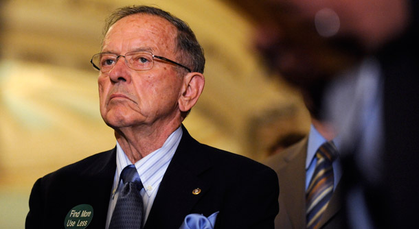Sen. Ted Stevens (R-AK), who was just indicted by a grand jury, listens during a news conference on Capitol Hill. (AP/Susan Walsh)