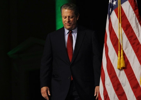 Al Gore walks onstage to give his speech on energy on July 17 in Washington, D.C. The speech's points have been lost on the media, preventing a serious discussion on global warming. (AP/Gerald Herbert)