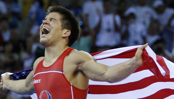 Henry Cejudo celebrates after winning the gold medal for the United States in the 121-pound freestyle wrestling final in Beijing. (AP/Ed Wray)
