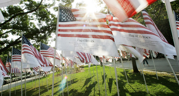 American flags inscribed with the names of the victims of the terrorists attacks fly in Battery Park in New York. A changing of administrations presents the opportunity to discuss a new homeland security strategy. (AP/Mary Altaffer)