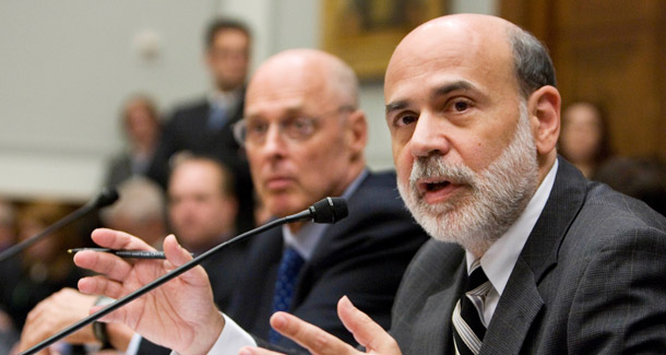 Federal Reserve Chairman Ben Bernanke, right, and Treasury Secretary Henry Paulson, testify on Capitol Hill in Washington, Sept. 24, 2008, before the House Financial Services Committee. (AP/Manuel Balce Ceneta)