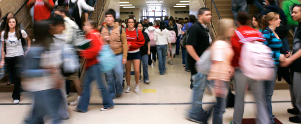Students move between classes at Dodge City High School in Dodge City, Kansas, where 70 percent of the school's students are Hispanic. (AP/Orlin Wagner)