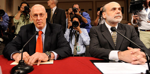 Treasury Secretary Henry Paulson, left, and Ben Bernanke, chairman of the Federal Reserve, testify before the Senate Banking Committee on September 23, 2008. (AP/Susan Walsh)