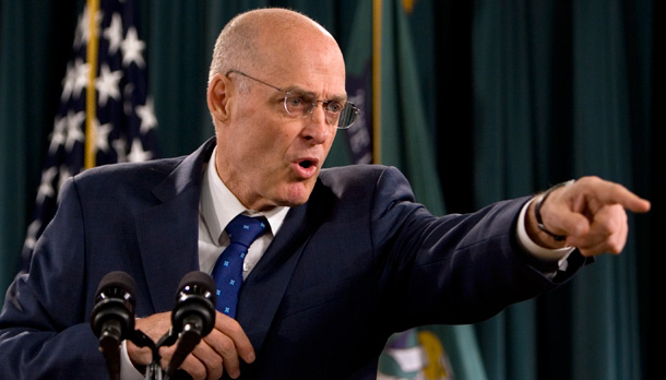 Treasury Secretary Henry Paulson briefs reporters about efforts to heal the crisis in the U.S. financial markets at the Treasury Department today. (AP/J. Scott Applewhite)