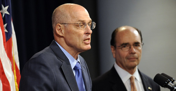 Treasury Secretary Henry Paulson announces the bailout of mortgage giants Freddie Mac and Fannie Mae at a news conference on September 7, 2008. (AP/Susan Walsh)