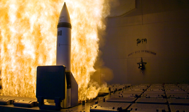 A modified Standard Missile 2 interceptor is launched on June 5, 2008 from the guided-missile cruiser USS Lake Erie during a Missile Defense Agency test to intercept a short-range ballistic missile target. (AP/US Navy)