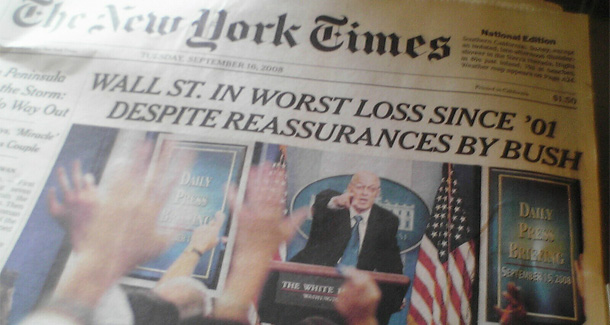 The front page of the <i>New York Times</i> on September 16, 2008. (Flickr/kbaird)