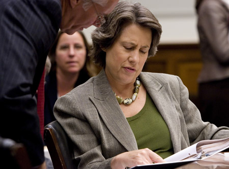 Federal Deposit Insurance Corp. Chairwoman Sheila Bair reviews her notes on Capitol Hill on Sept. 17, 2008. The FDIC has led the way in seeking to end the housing crisis, and Treasury could contract with the FDIC in restructuring efforts. (AP/Haraz N. Ghanbari)