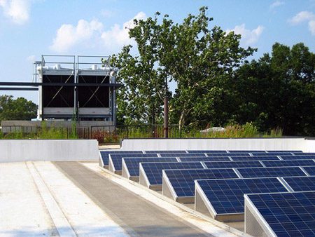 Solar panels adorn the roof of the Sidwell Friends School in Washington, D.C. The school recently underwent a green makeover, which was designed using the U.S. Green Building Council's rating system. (Flickr/candydatec)