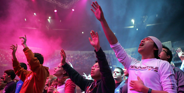 Young Christians attend a rally in Nashville, Tennessee. Young Catholics and Evangelicals are more likely to hold progressive views than their older counterparts, a new study finds. (AP/Mark Humphrey)