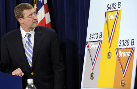 Senate Budget Committee Chairman Sen. Kent Conrad (D-ND) gives the Bush administration medals for the highest budget deficits on July 28, 2008. Addressing currrent economic problems must be paired with long-term fiscal discipline. (AP/Susan Walsh)