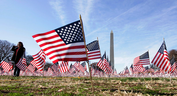 American flags in front of the Washington Monument on the National Mall. (AP/Susan Walsh)