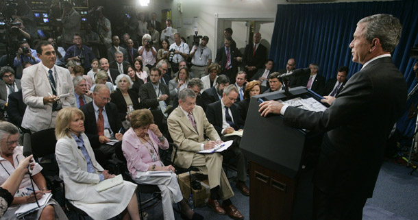 While President George W. Bush held the fewest first-term press conferences in modern presidential history, the administration's suppression of information also took place on other, more secretive fronts. (AP/Charles Dharapak)