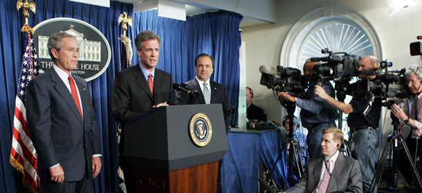 George W. Bush is pictured in the White House press briefing room with his press secretaries Tony Snow and Scott McClellan. President-elect Barack Obama should make repairing the relationship between the White House and the press a priority in his administration. (AP/Gerald Herbert)