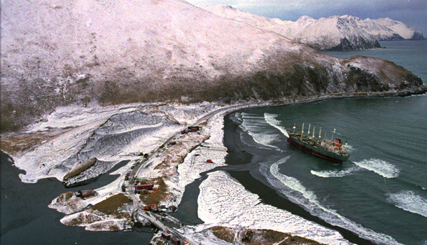 A freighter lays grounded off the shore in Sumer Bay near Dutch Harbor, Alaska. (AP/U.S. Coast Guard)