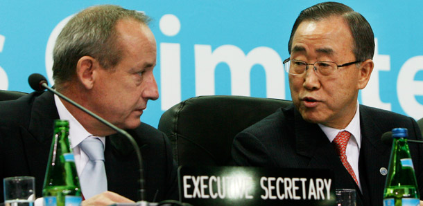 UNFCCC Executive Secretary Yvo de Boer shares a word with U.N. Secretary-General Ban Ki Moon during U.N. climate talks in Poznan, Poland, last week.