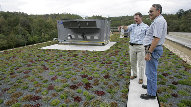David Hart, left, with Tremco Inc., talks with Rahn Wuest, a supervisor for the Metropolitan Sewer District of Cincinnati, atop a green roof at a sewer district station on October 1, 2008, in Cincinnati. Cincinnati plans to offer financial incentives to property owners to replace tar and shingles with vegetation. (AP/Al Behrman)