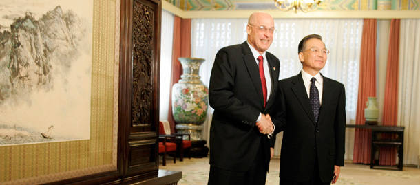 U.S. Treasury Secretary Henry Paulson shakes hands with Chinese Premier Wen Jiabao during their meeting at the Zhongnanhai leadership compound after the end of the U.S. China Strategic Economic Dialogue in Beijing, China, Dec. 5, 2008. (AP/Elizabeth Dalziel)