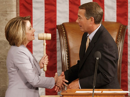 House Speaker Nancy Pelosi and Minority Leader John Boehner shake hands before opening the 111th Congress on January 6, 2009. (AP/Pablo Martinez Monsivais)