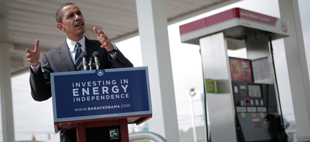 President-elect Obama holds a news conference at a gas station in Indianapolis about energy independence while on the campaign trail last year. (AP/Jae C. Hong)