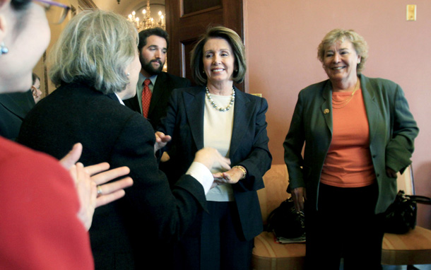 House Speaker Nancy Pelosi of California and Rep. Zoe Lofgren, (D-CA), right, are joined by leaders of women's organizations before the House passed both the Lilly Ledbetter Fair Pay Act and the Paycheck Fairness Act today. (AP/Victoria Burke)