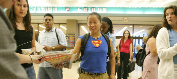New teachers, like these picking up literature during an orientation for teachers entering the New York City public school system, are often the first to be laid off. (AP/Tina Fineberg)