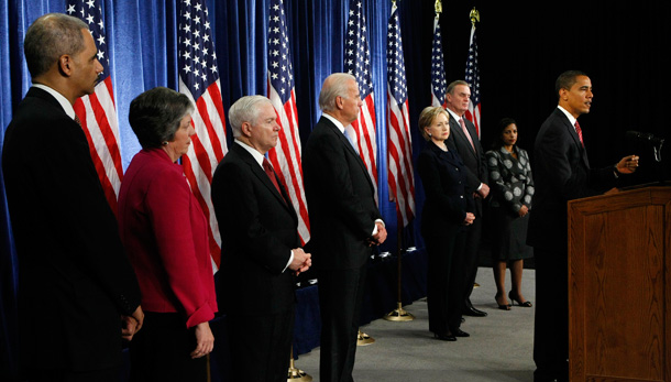 President Obama announces some of his nominations for political appointments, including Attorney General-designate Eric Holder, Homeland Security Secretary-designate Janet Napolitano, and Secretary of State-designate Sen. Hillary Rodham Clinton. (AP/Pablo Martinez Monsivais)