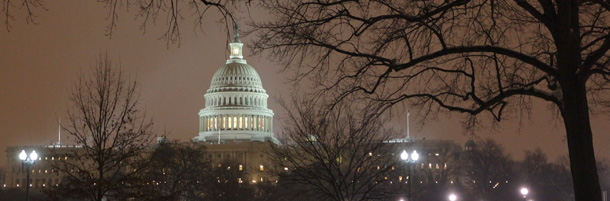 The Capitol is illuminated as Congress works late on an economic stimulus package. (AP/J. Scott Applewhite)