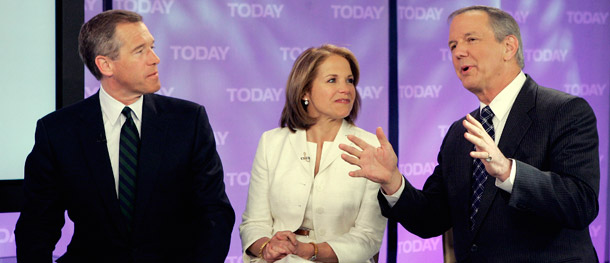The three network news anchors, from left Brian Williams, Katie Couric, and Charles Gibson, appear together for an interview on the Today Show in 2008.<br /> (AP/Richard Drew)