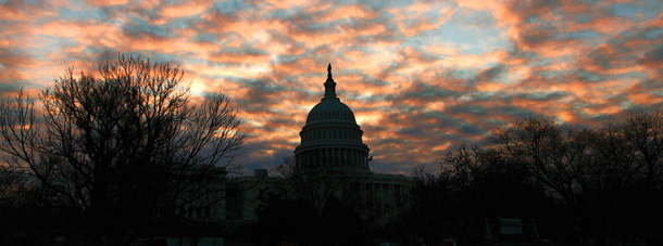 Dawn breaks over the Capitol as the Senate resumes debate on the economic stimulus package. (AP/J. Scott Applewhite)