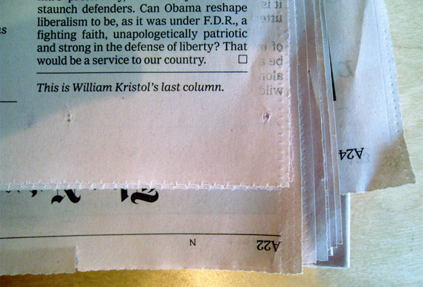 William Kristol's last column for the <i>New York Times</i> on January 25, 2009. (<a href=