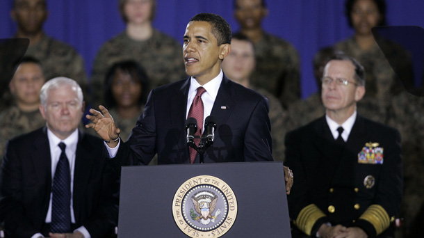 President Barack Obama speaks during a visit to Camp Lejeune, NC, on February 27, 2009. Today Obama today made a critical change in our nation’s foreign policy in Iraq, reaffirming his full commitment to the Status of Forces Agreement negotiated by the Bush administration late last year. (AP/Gerry Broome)