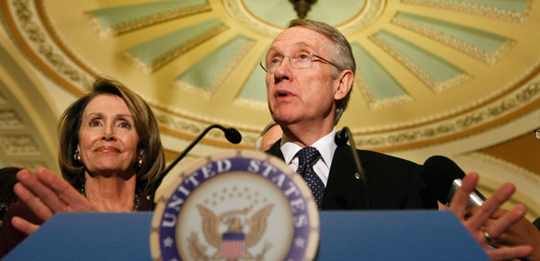 House Speaker Nancy Pelosi and Senate Majority leader Harry Reid speak during a news conference. The two Houses of Congres will now have to work together to create the best stimulus bill possible.
<br /> (AP/Pablo Martinez Monsivais)