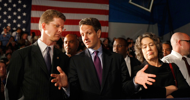Housing and Urban Development Secretary Shaun Donovan, Treasury Secretary Timothy Geithner, and Federal Deposit Insurance Corporation Chair Sheila Bair talk prior to President Barack Obama's remarks today about the home mortgage crisis at Dobson High School in Mesa, Arizona. (AP/Gerald Herbert)