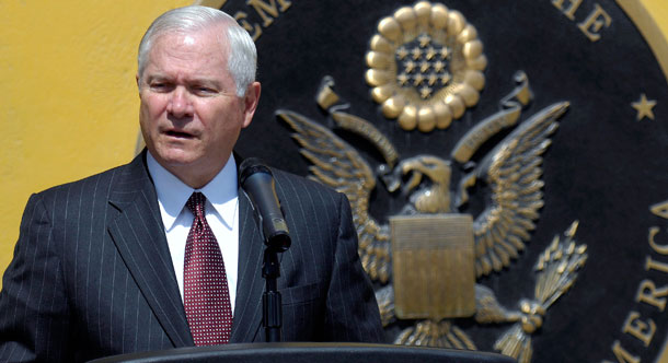 U.S. Defense Secretary Robert M. Gates holds a press briefing at the U.S. Embassy in Kabul, Afghanistan last year. The Department of Defense's expanding role in foreign assistance comes from the recognition that conventional military operations are often insufficient to achieve strategic war objectives and that there is great value in preventing conflicts instead of reacting to them. (AP/Tech Sgt Jerry Morrison, U.S. Department of Defense, HO)