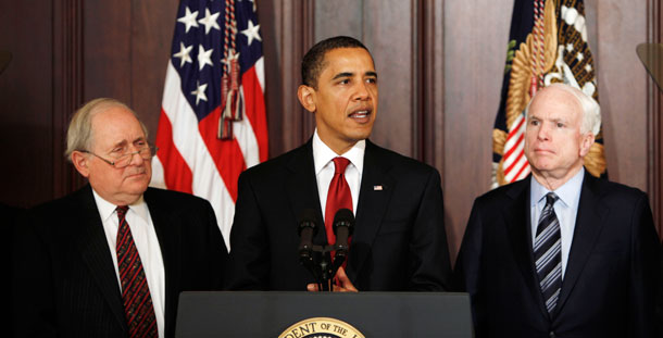 President Barack Obama, flanked by Sen. Carl Levin, (D-MI), left, and Sen. John McCain, (R-AZ), made remarks on government contracts reform on March 4, 2009. Both senators have demonstrated that Department of Defense spending reform is important enough to merit bipartisan action. (AP/Gerald Herbert)