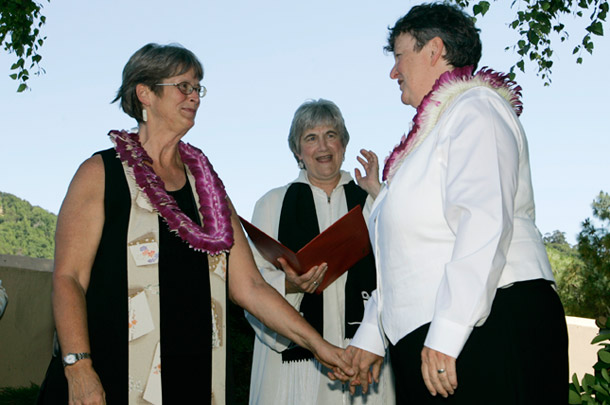 The Reverend Dr. Jane Spahr, a retired Presbyterian minister, performs a same-sex marriage in California last year in a direct challenge to church doctrine. (AP/Eric Risberg)