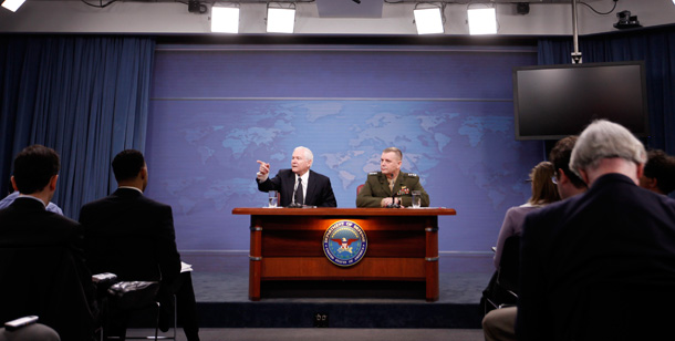 Defense Secretary Robert Gates speaks at news conference to discuss his proposed budget with Gen. James Cartwright, Vice Chairman of the Joint Chiefs of Staff, at the Pentagon on Monday. (AP/Gerald Herbert)