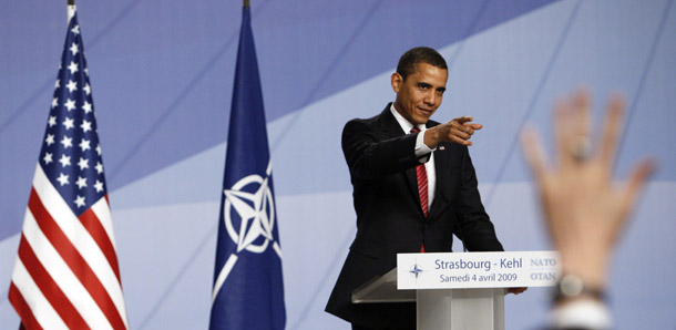 President Barack Obama gestures as he takes a question from the media during his news conference at the NATO Summit in Strasbourg, France, April 4, 2009. President Obama recognizes that many countries are unique and exceptional and can make important contributions, but our best chance at success is to marshal these forces into a whole that is greater than the sum of its parts. (AP/Charles Dharapak)