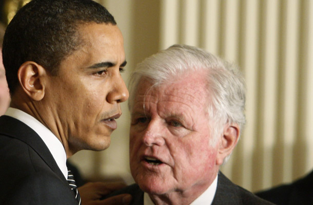 President Barack Obama speaks with Sen. Ted Kennedy (D-MA) on March 5, 2009. Today President Obama signs the Edward M. Kennedy Serve America Act, which focuses national service on priority problems and populations. (AP/Charles Dharapak)