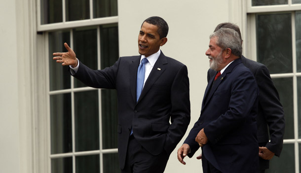 President Barack Obama walks out the Oval Office with Brazil's President Luiz Inácio Lula da Silva, right, during their meeting at the White House in Washington, March 14, 2009. Obama heads to Trinidad and Tobago this week for the Summit of the Americas. (AP/Pablo Martinez Monsivais)