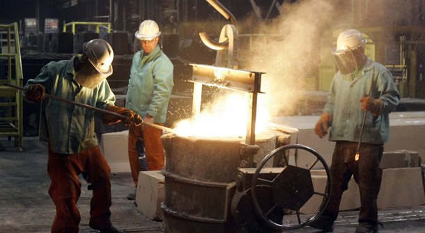 Workers prepare molten stainless steel before it is poured into a mold at a foundry in Pevely, MO. While President Barack Obama looks for global consensus on climate solutions, Congress needs to ensure the United States moves forward domestically to build a competitive clean-energy economy. (AP/Jeff Roberson)