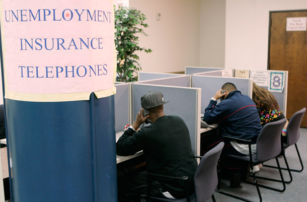 People call an unemployment insurance hotline at the Career Link Center in San Francisco. (AP/Marcio Jose Sanchez)